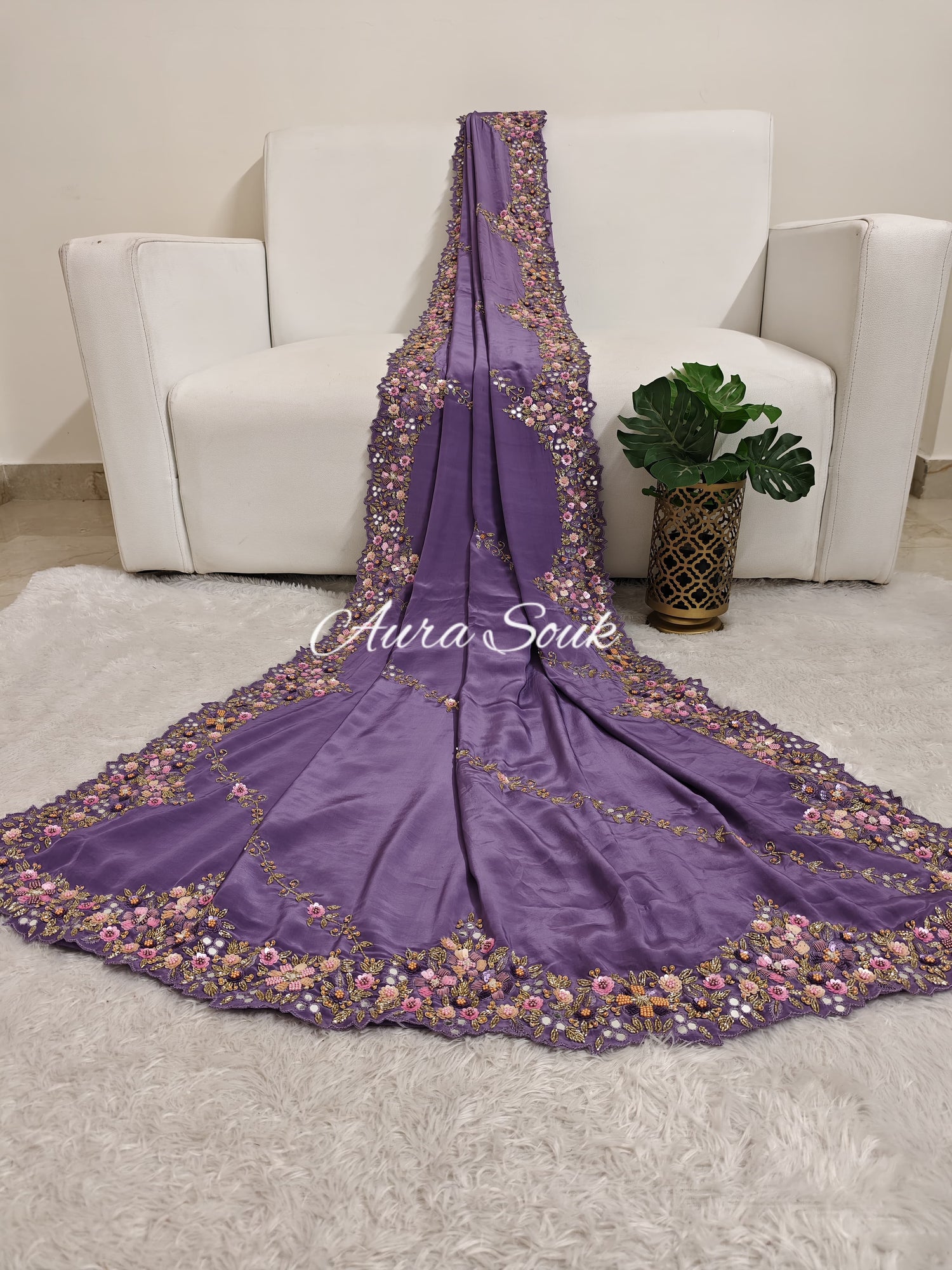 Lavender Designer Crepe Silk Saree