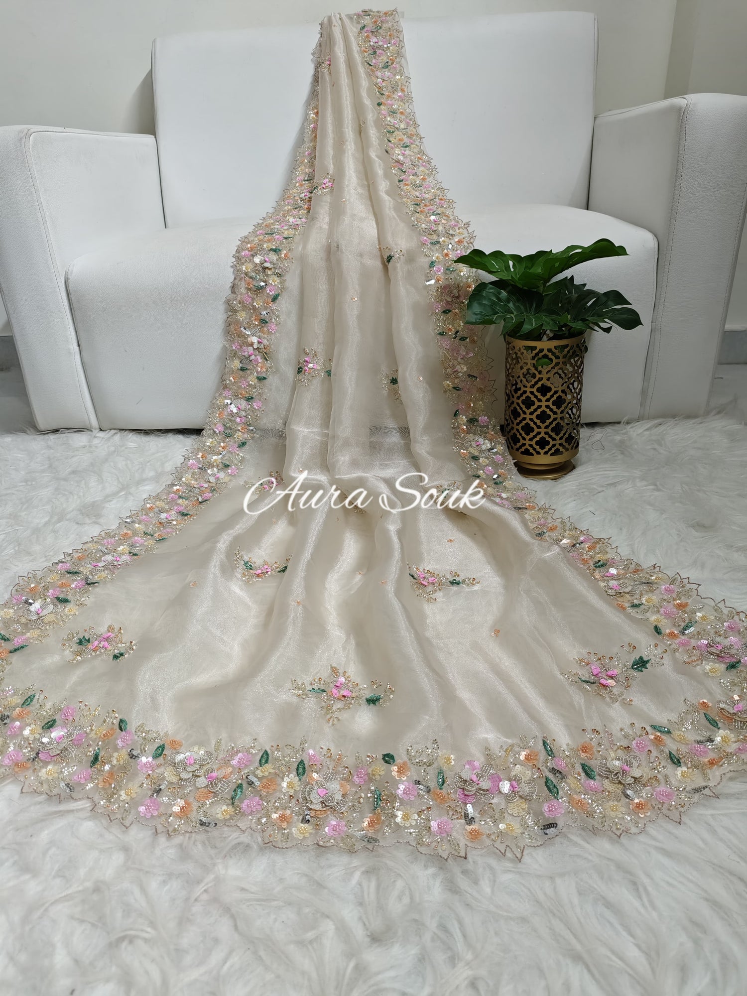 Off white Designer Shimmer Organza saree