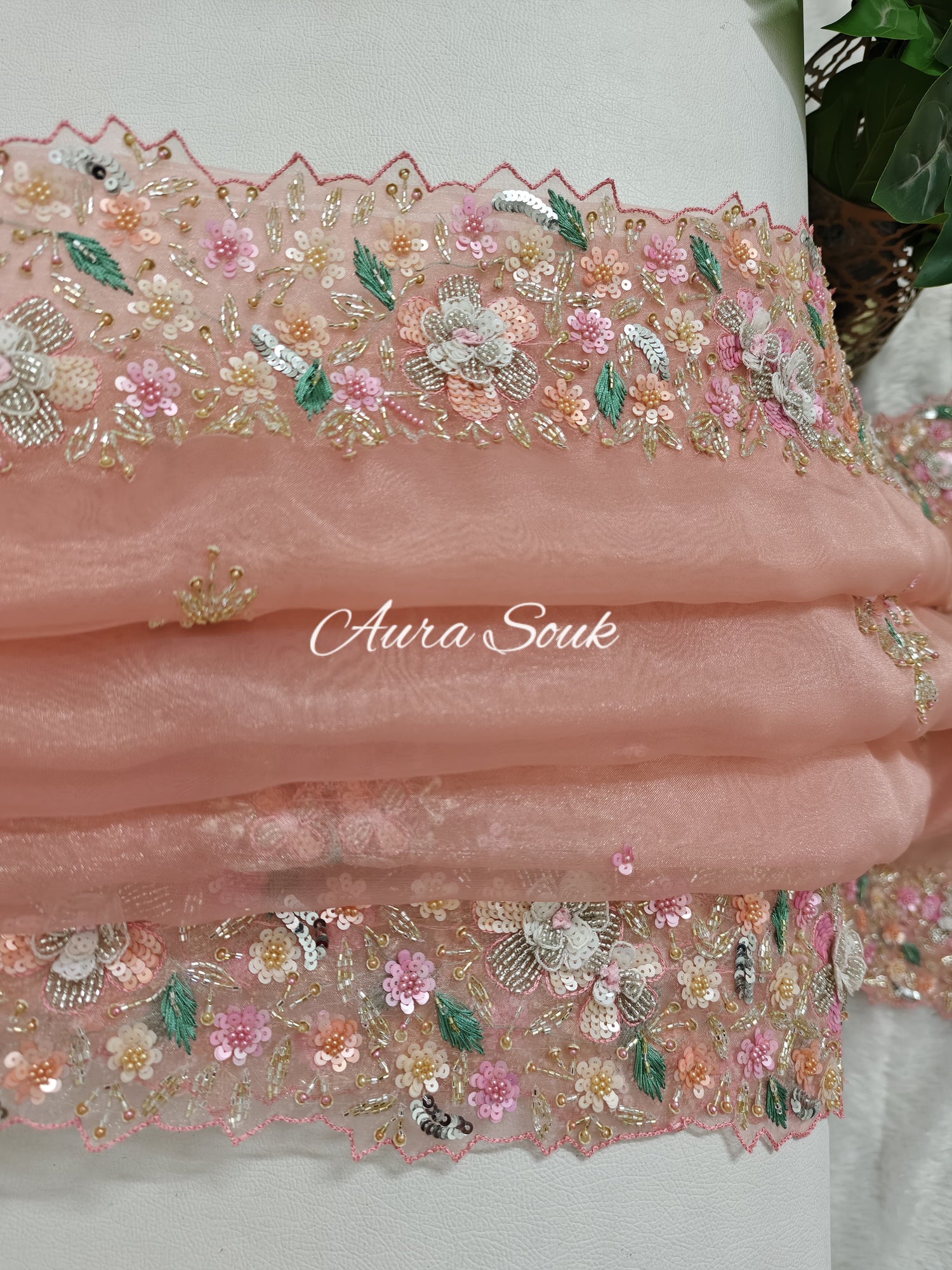 Peach Designer Shimmer Organza Saree