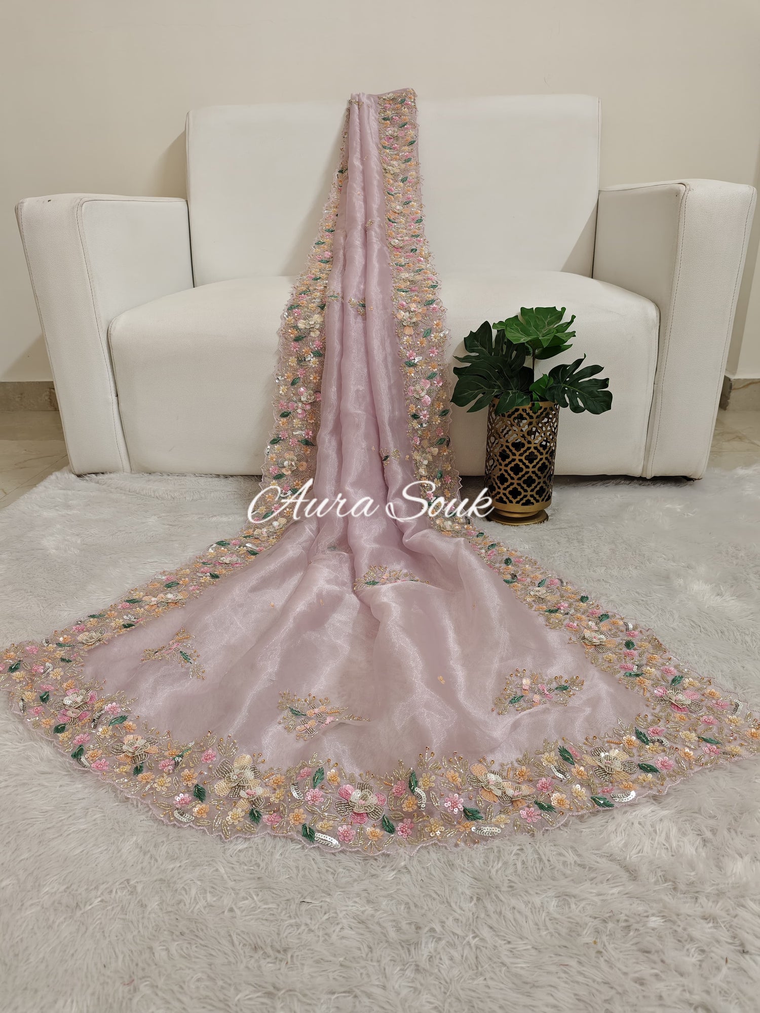 Light Lavender Designer Shimmer Organza Saree