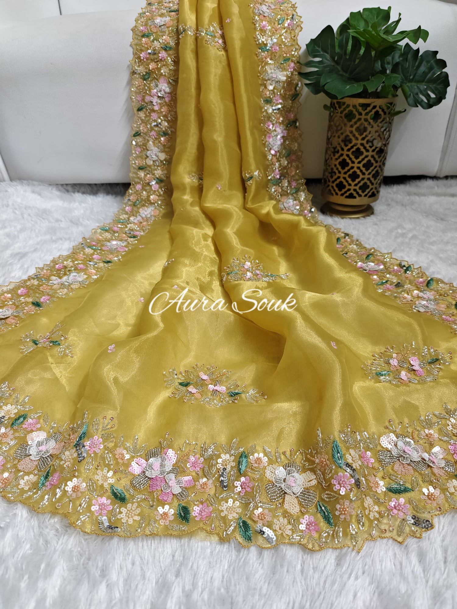 Yellow Designer Shimmer Organza Saree