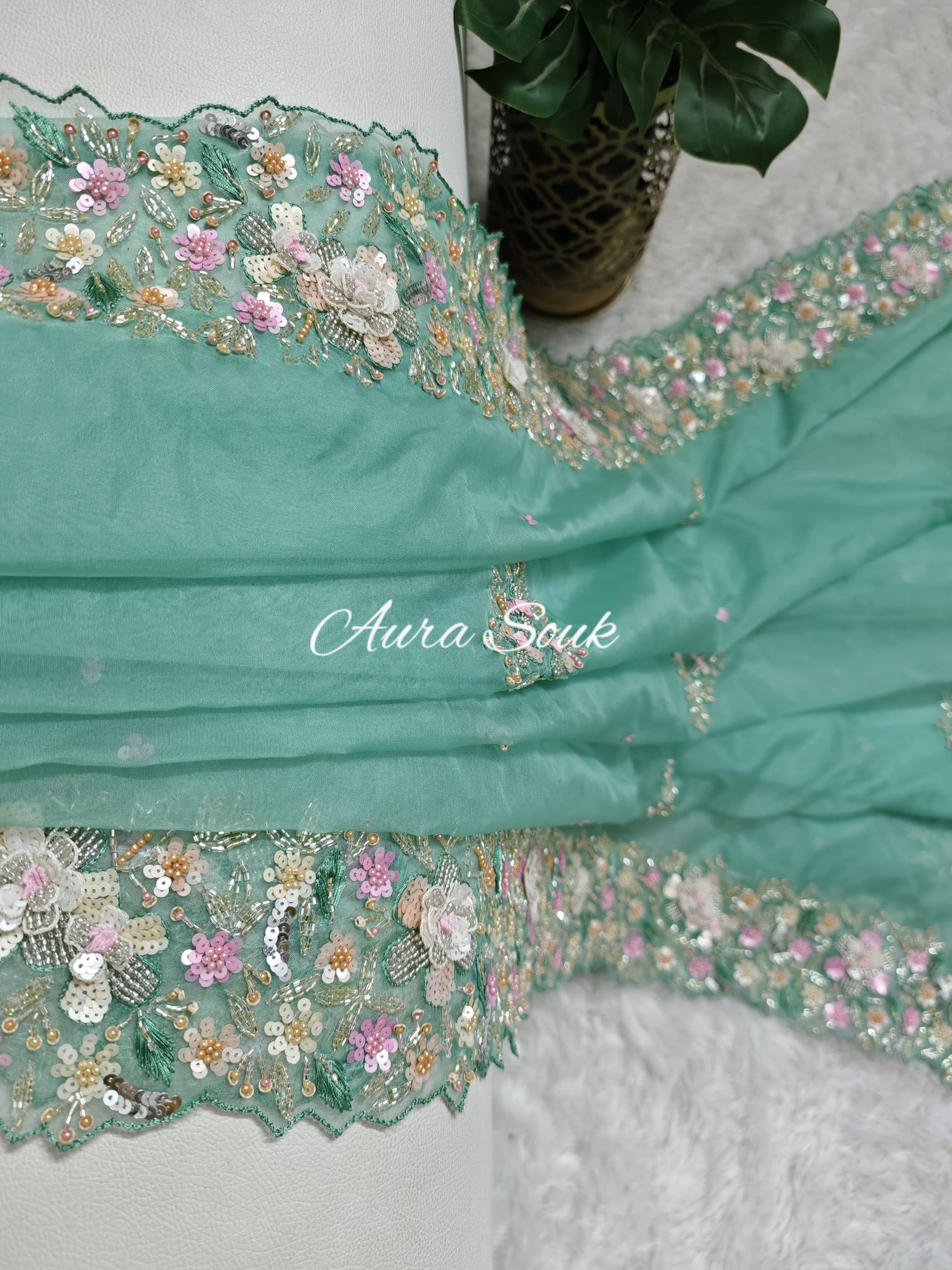 Aqua Green Designer Organza Saree