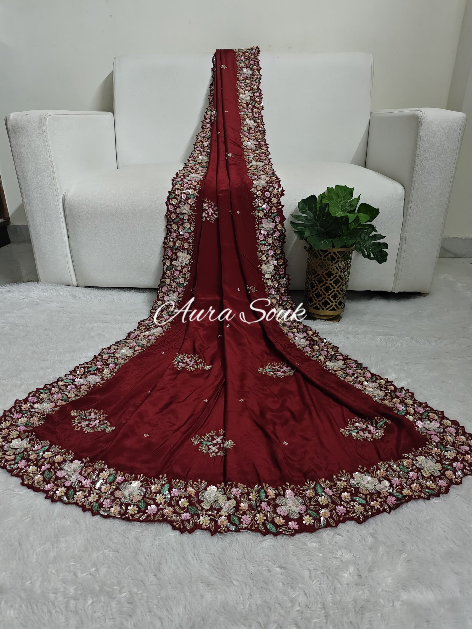 Red Designer Satin Organza Saree
