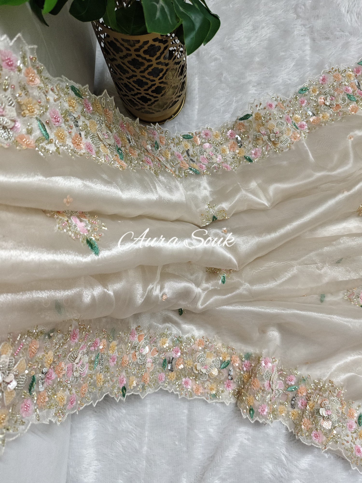 Light Beige Shimmer Organza Saree