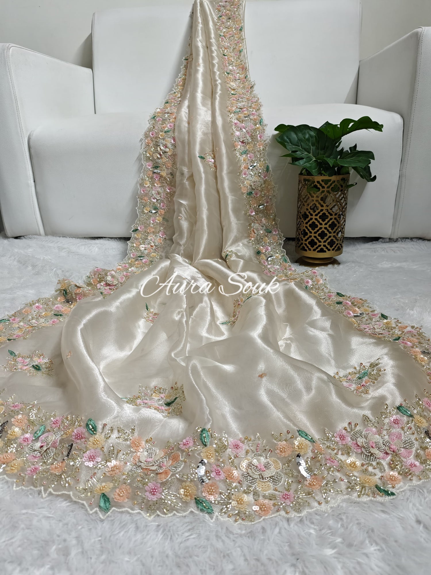 Light Beige Shimmer Organza Saree