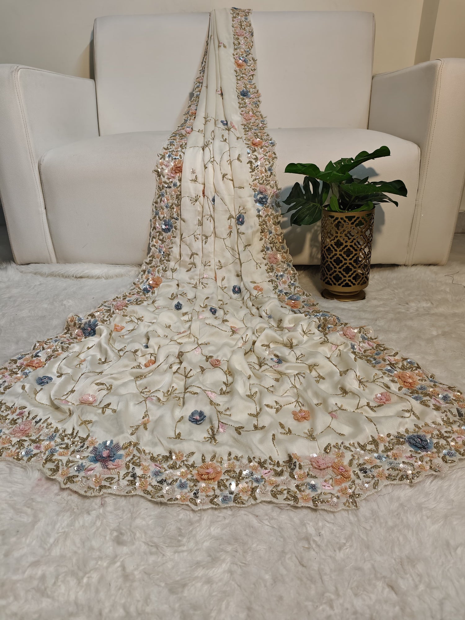 Off-White Crepe Silk Designer Saree