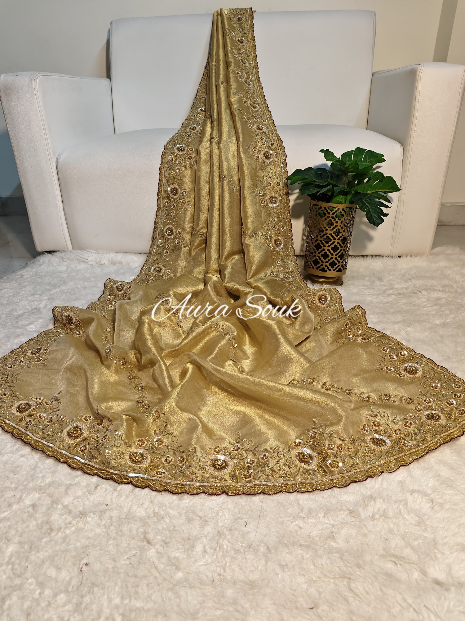 Gold Color Tissue Silk Designer Saree